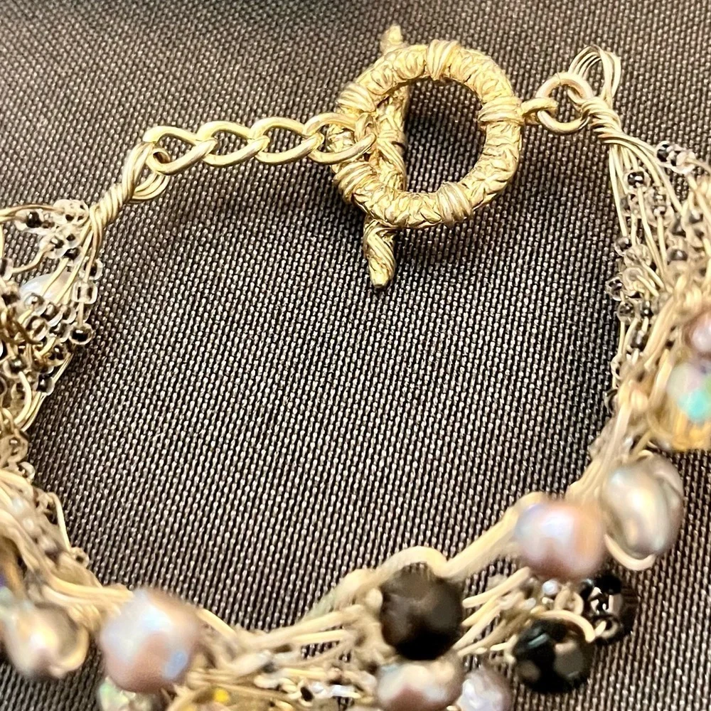 Vintage Handmade Wire Wrapped Bracelet Freshwater Pearl Aurora Borealis Bead Art